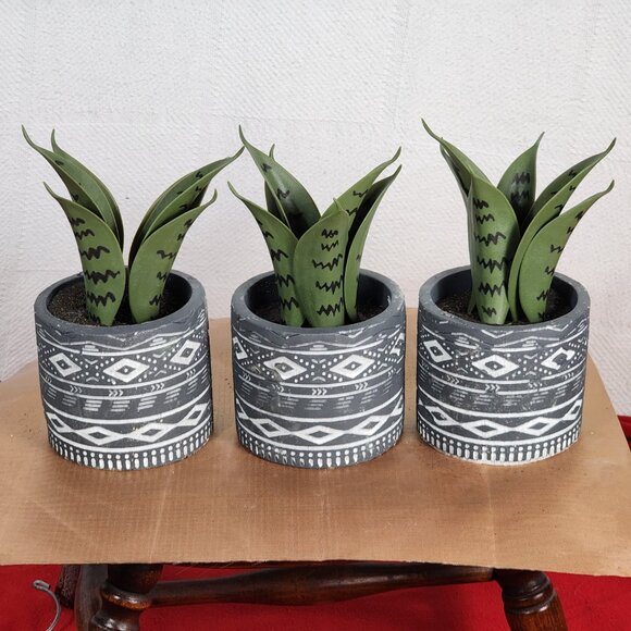 Faux Plants in Grey Tribal Print Faux Cement Pots Set of 3 4"Wx9"H - Picture 5 of 16